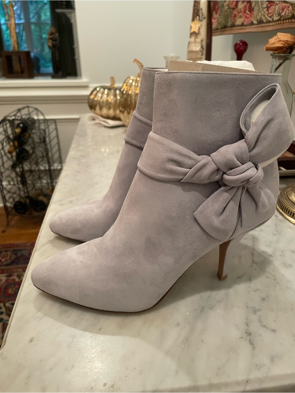 Valentino Light Gray Suede Bow Ankle Booties